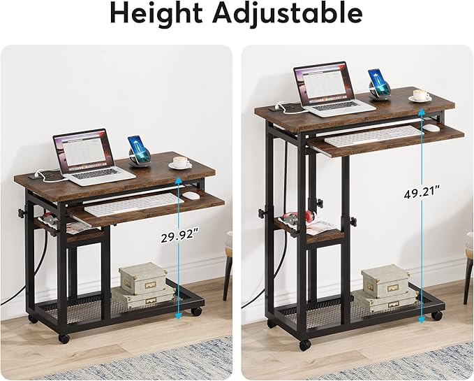 Tribesigns Small Portable Desk with Power Outlet Height Adjustable Sofa Couch Bedside Laptop Table with Wheels Mobile Standing Desk Rolling Computer Cart C Side Table with USB Ports