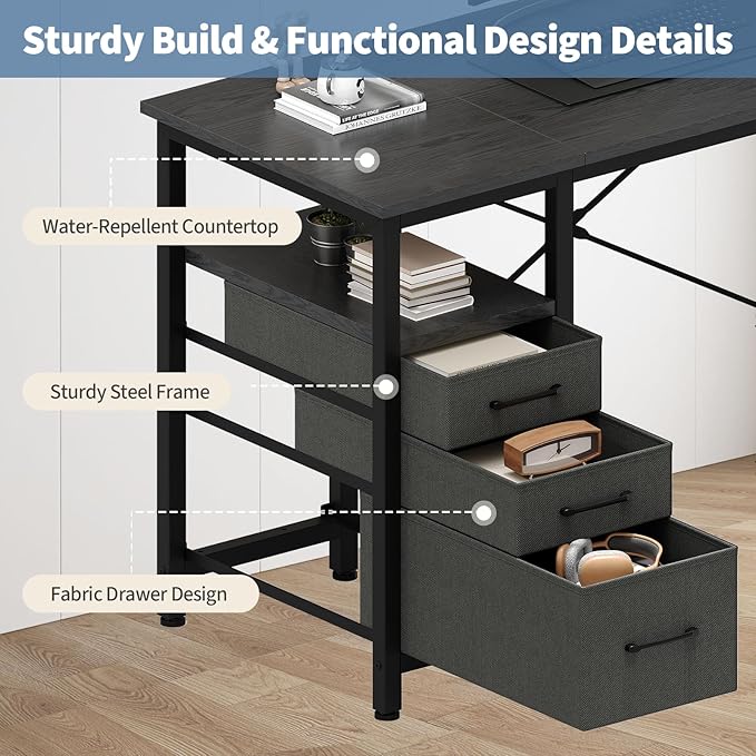 DUMOS 39 Computer Desk with Storage Small Home Office Desk with 3 Fabric Drawers &amp Side Pocket Space Saving Writing Desk for Apartment Dorm Gaming Workstation Black