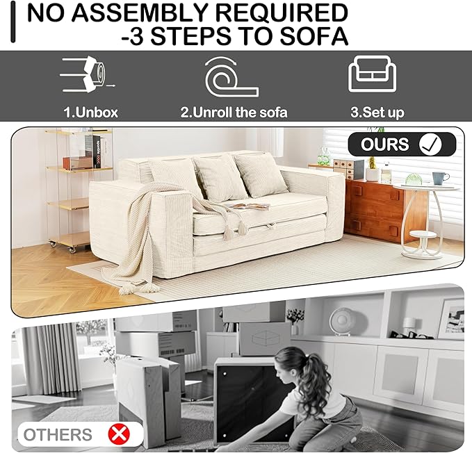 HOMREST 76 Convertible 3-Seat Sleeper Sofa Pull Out Sofa Bed 2 in 1 Folding Floor Sofa Oversized Corduroy Upholstered Boneless Couch with 3 Pillows for Living Room Bedroom (Beige)