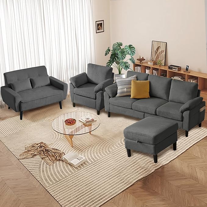 4 Pieces Corduroy Living Room Sets with Sofa Ottoman Loveseat and Chair