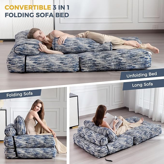 MAXYOYO Folding Sofa Bed Convertible Sleeper Chair with Pilow Soft Fold Out Chair Bed Versatile Floor Sofa Lounge for Living Room Bedroom Blue