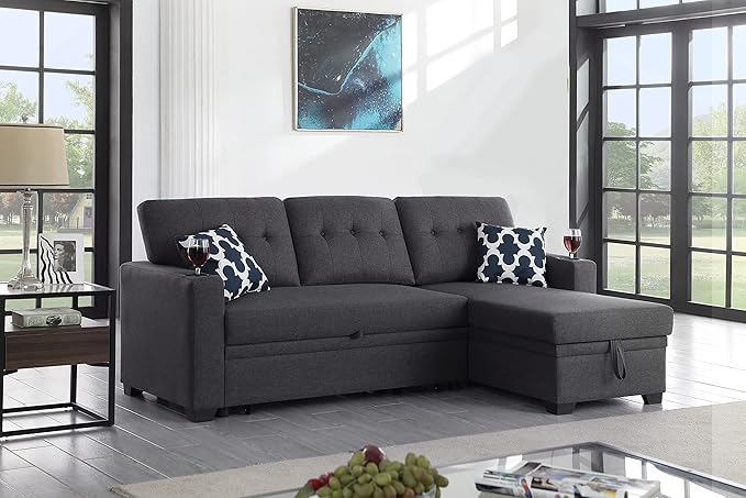 Ball &amp Cast L-Shape Reversible Sectional Sleeper Sofa Bed 4 in 1 Pull Out Couch with Storage Chaise Cupholder Armrests &amp Removable Back Cushions Convertible Sleeper Corner Couch for Living Roo
