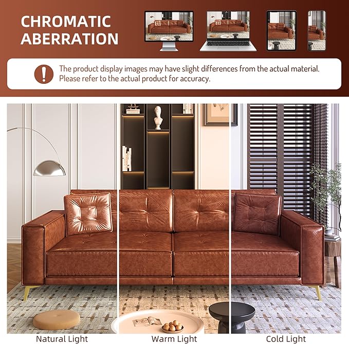 92.1'' King Pull Out Sofa Bed Convertible Futon Couch 3-in-1 Faux Leather Sleeper Sofa with Tufted Back 2 Pillows Gold Legs Deep Folding Loveseat for Living Room Apartment Light Brown