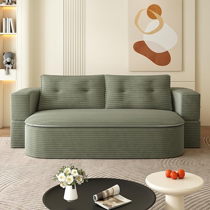 78.7 Convertible Foldable Sofa Bed with Functional Blanket and 2 Soft Pillows 2-in-1 Corduroy Fabric Loveseat Sofa Couch with Deep Seat Curved Sleeper Couch Bed for Living Room (Green)