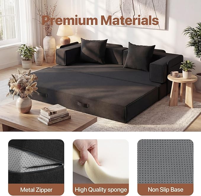 Claiks 4-in-1 Convertible Sofa Bed82 Inch Compression Sofa with Corduroy Fabric Pull Out Sleeper Sofa with 2 Pillows &amp 4 Side Pockets for Living Room Bedroom ApartmentNo Assembly RequiredBlack