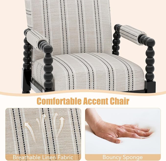 Giantex Mid Century Modern Spindle Accent Chair Upholstered Armchair w/Rubber Wood Frame Ergonomic Backrest &amp Fabric Covered Armrests Comfy Single Sofa Chair for Reading Living Room Bedroom