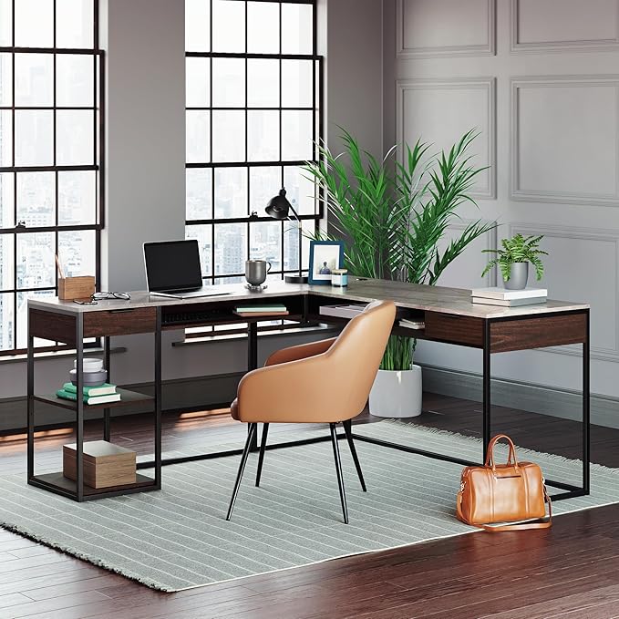 Sauder International Lux Modern L-Shaped Desk Umber Wood Finish