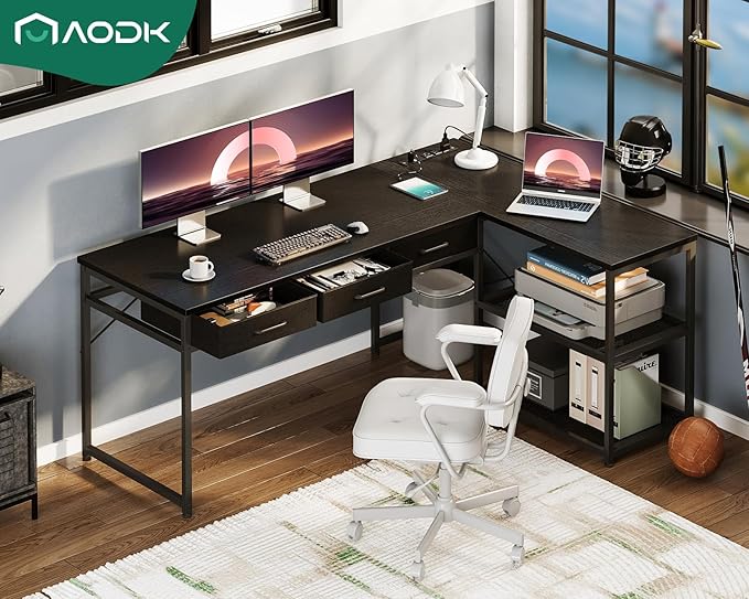 AODK 61 Inch L Shaped Computer Desk with Drawers Corner Desk with Power Outlets &amp Reversible Storage Shelves for Home Office Gaming Black