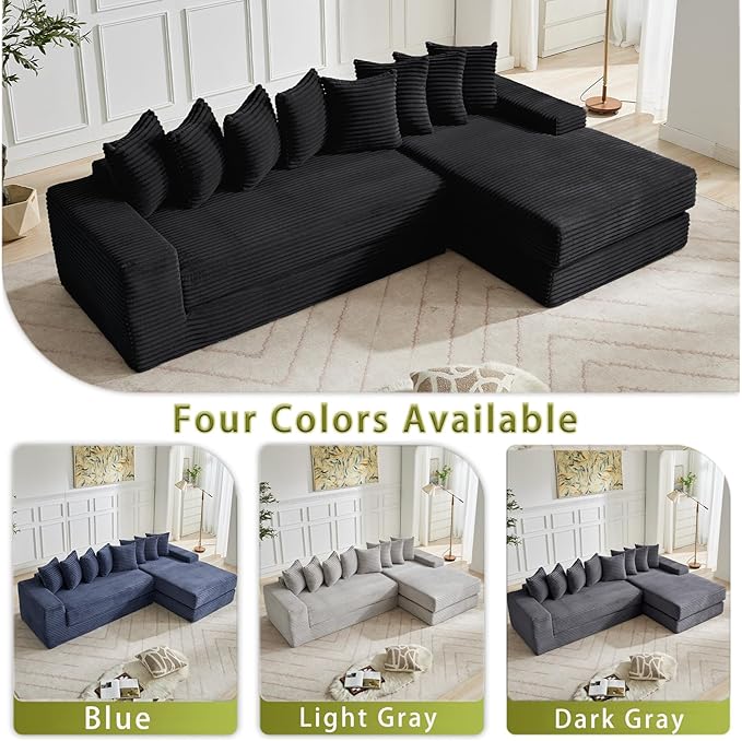110 L-Shaped Modular Sectional Sofa with Chaise Lounge Corduroy Oversized Convertible Floor Sleeper Sofa Bed with 8 Pillows Modern Deep Seat Boneless Couches (Black 110 + Right Chaise)