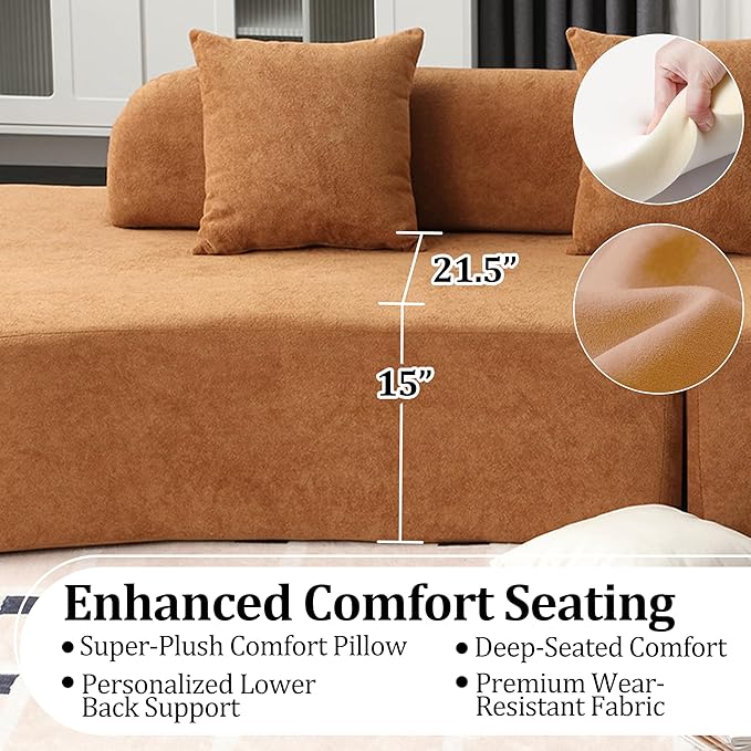 130'' Curved Modular Sectional Long Sofa Modern Cloud Boneless Deep Seat Couch Plush Terry Cloth Compressed Upholstered Lounge Sofa for Living Room No Assembly Required Orange 3 Pillows