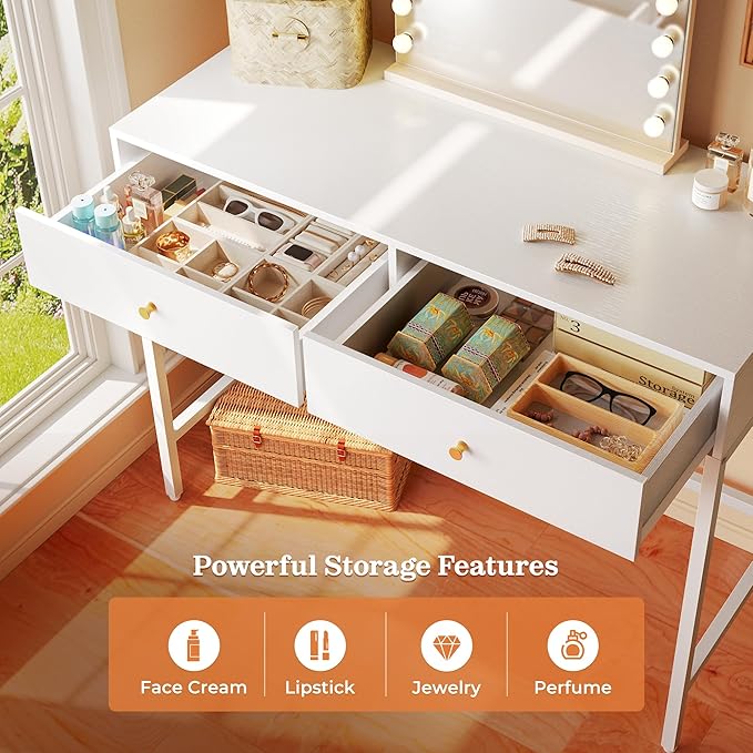 SUPERJARE 39.4 White Desk with 2 Drawers Modern Makeup Vanity Desk Small Computer Desk Home Office Desk for Writing Study Bedroom