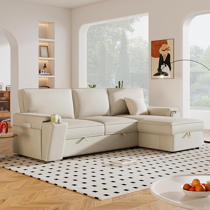 Sleeper Sofa 96 Corduroy 2-in-1 Pull Out Sofa Bed Convertible Sofa Bed Couch with Storage Chaise L Shaped Sofa with Hidden Cup Holders 3 Seater Sofa for Living Room Apartments Beige
