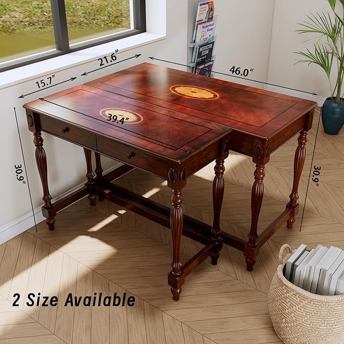 Solid Wood Computer Writing Desk with 2 Storage Drawers Traditional Vanity Dressing Table Small Home Office Desk Corner Table Easy Assembly 39.37” x 15.74” x 30.9” Cherry Red Walnut SSZ1533WD