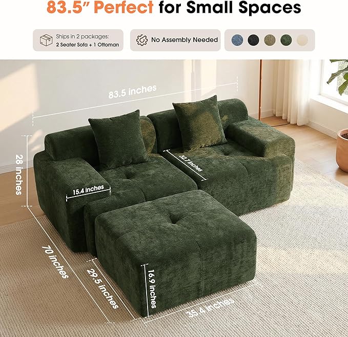 83.5 Modular Sectional Sofa Luxury 32.6 Deep Seat Cozy Cloud Couch L-Shaped Boneless Couches for Living Room Apartment Bedroom No Assembly Required(Green) | 17 Thickened Seat Super Soft Seat