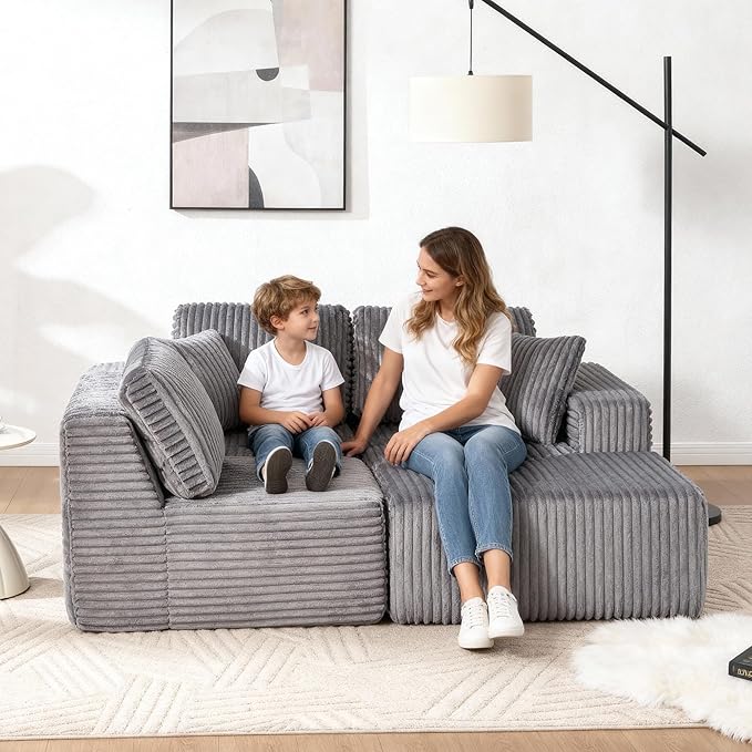 101.5'' Modular Sectional Sofa Cloud Sectional Couch with Deep Seat Comfy Fluffy L Shaped Couches Memory Foam Sofa with 1 Ottoman Corduroy Boneless Couch No Assembly Required Dark Gray