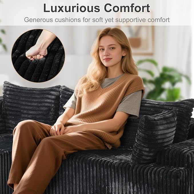 Redlife 95 L-Shaped Modular Sectional Sofa Faux Rabbit Fur Modular Floor Couch with Chaise High-Density 30D Foam Sponge No Assembly Required 5 Pillows Compressed for Living Room (Black)