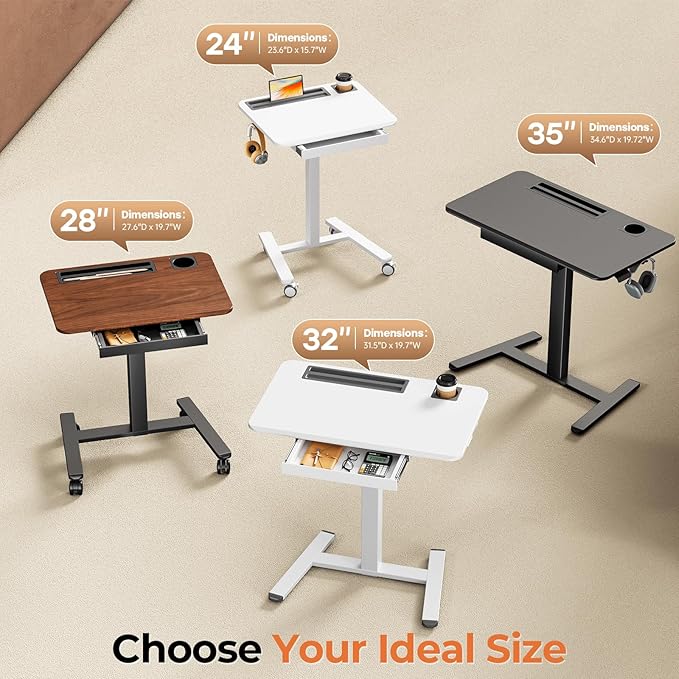 Mobile Standing Desk with Drawer 32 Rolling Desk with Cup Holder and Hooks Portable Laptop Cart on Wheels Height Adjustable Workstation with Storage for Home Office White