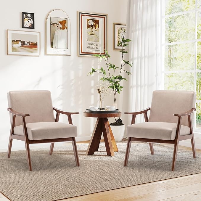 Rovibek Upholstered Accent Chair with Arms - Mid Century Modern Accent Chairs with Wood Frame Upholstered Arm Chairs with 5.9in Thick Foam Beige Occasional Chair Set of 2