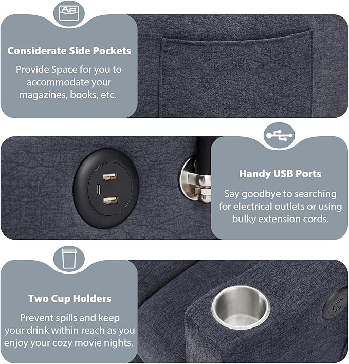 Pull Out Sofa Bed 55.9 Convertible Sofa Bed with 360°Swivel Phone Holderm Two Side Pockets Two Cup Holders 3 Level Adjustable Backrest Bella Fabric Loveseat Sofa (Blue Grey * Loveseat90)