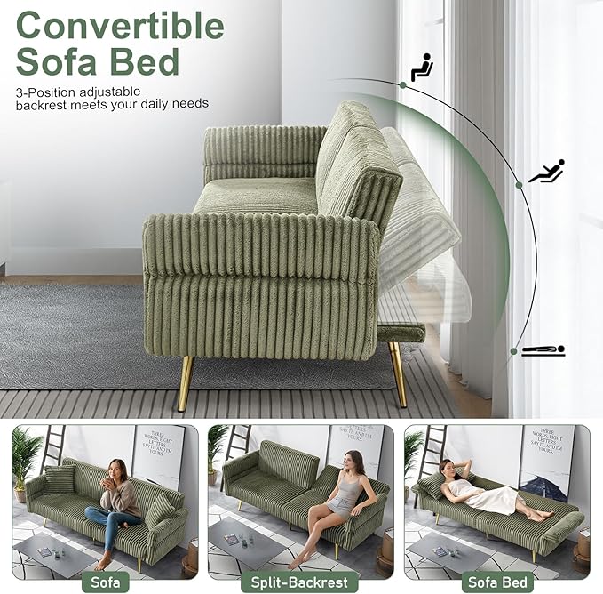 Rovibek Futon Sofa Bed Convertible Futon Couch Bed with Adjustable Backrest 2 Pillows Corduroy Loveseat Futon for Small Spaces Living Room Apartment Office Green