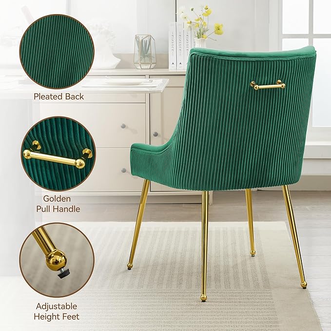 Velvet Dining Chairs Set of 6 Gold LegsUpholstered Velvet Accent Chairs Pleated Back Design &amp Gold Pull Handle Mid Century Modern Chairs for Dining/Kitchen/Living RoomGreen
