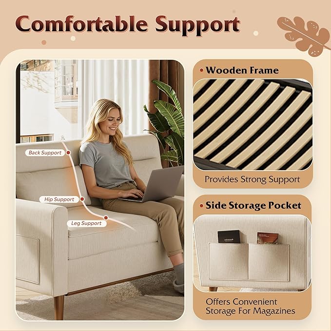 WLIVE 62 Loveseat Sofa Mid Century Modern Small Couches for Living Room Button Tufted Upholstered Couch for Bedroom Solid Wood Frame Easy to Install Furniture Beige