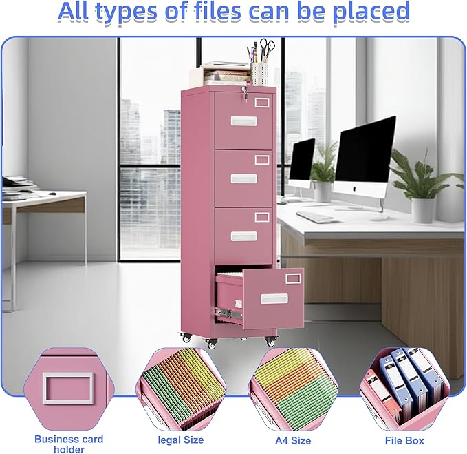 METAN 4 Drawer File Cabinet on Wheels Lockable Metal Filing Cabinet with Handle and Name Card for Office HomeAssembly RequiredPink