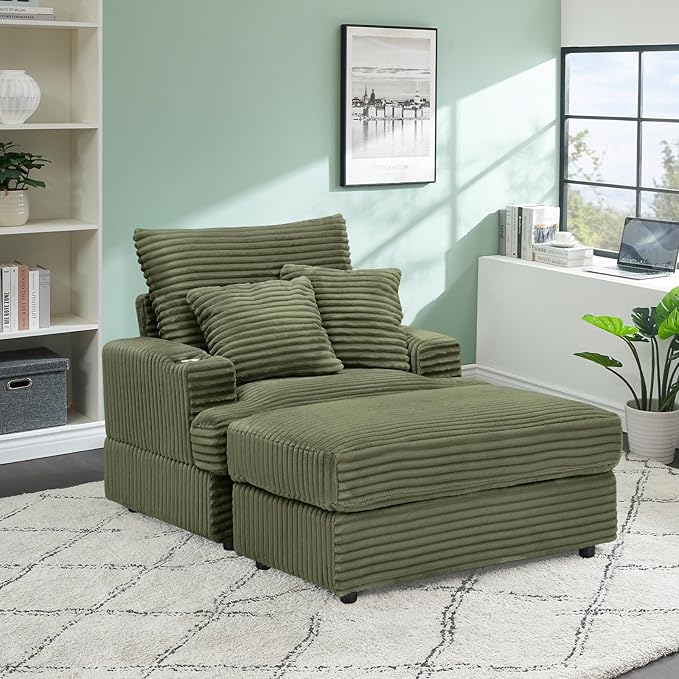 Chaise Lounge Chair Indoor 39 W Plush Corduroy Oversized Chair with Ottoman Upholstered Cozy Chaise with Cup Holder Modern Deep Seat Comfy Sofa Armchair for Living Room Bedroom(Green)