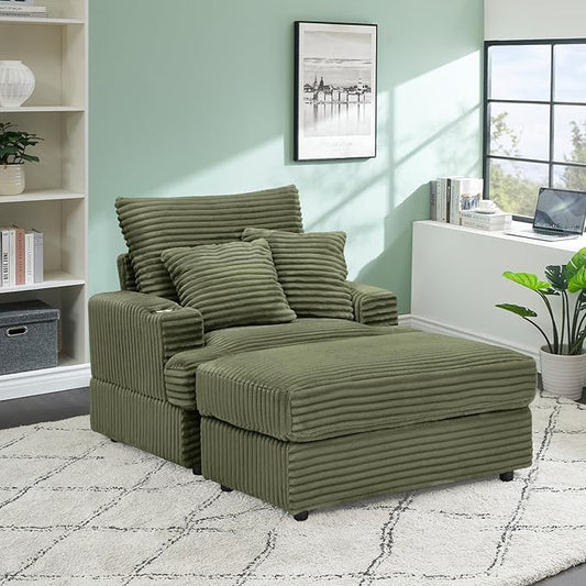 Chaise Lounge Chair Indoor 39 W Plush Corduroy Oversized Chair with Ottoman Upholstered Cozy Chaise with Cup Holder Modern Deep Seat Comfy Sofa Armchair for Living Room Bedroom(Green)
