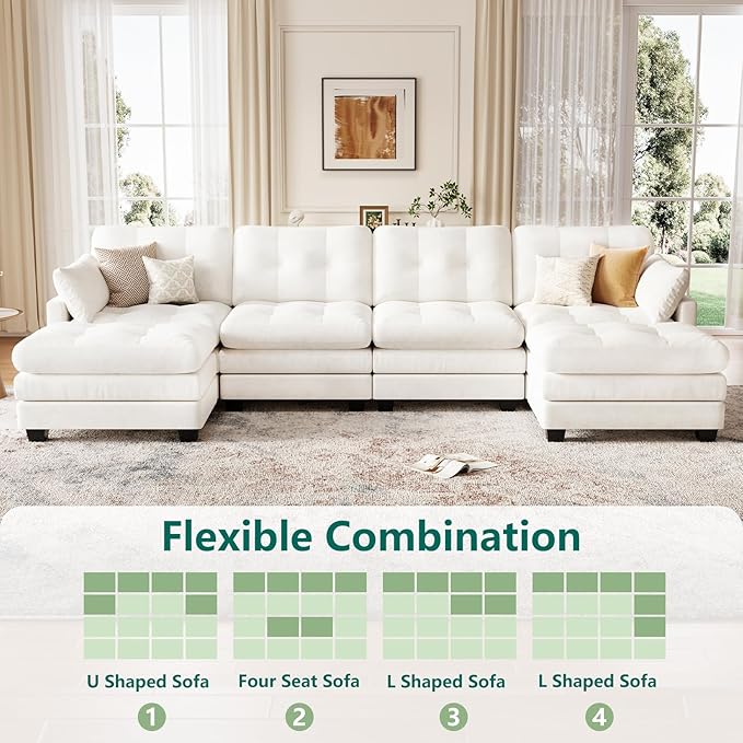 Modular Sectional U Shaped Sofa Couches for Living Room Cloud Couch with Movable Ottoman Comfy Chenille Sofa with Pillow for Bedroom and ApartmentBeige-Tufted