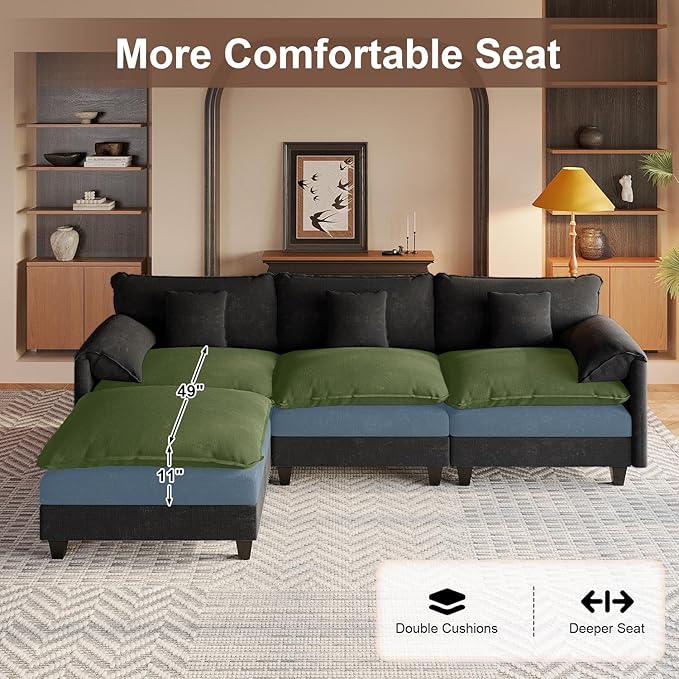 108“ Modular Sectional Sofa with Movable Ottoman Plush Double-Layer Cushion Cloud Couch with USB Charging Ports &amp Side Storage Pockets Chenille L Shaped Modern Sofa Couches for Living Room Blac