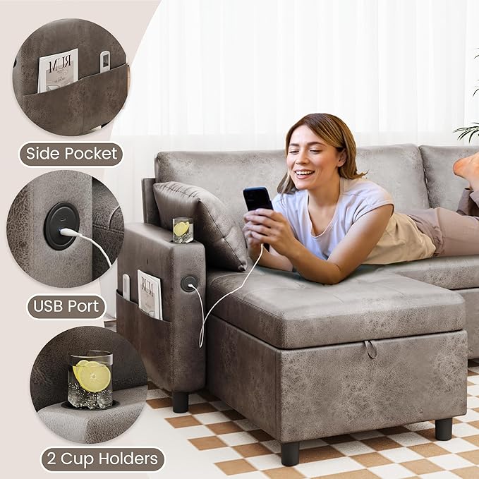 Faux Leather L Shaped Sofa L Shape Couch Pull Out Bed with USB and Cup Holder Storage Cama Queen Bed Sleeper Couch for Living Room Grey