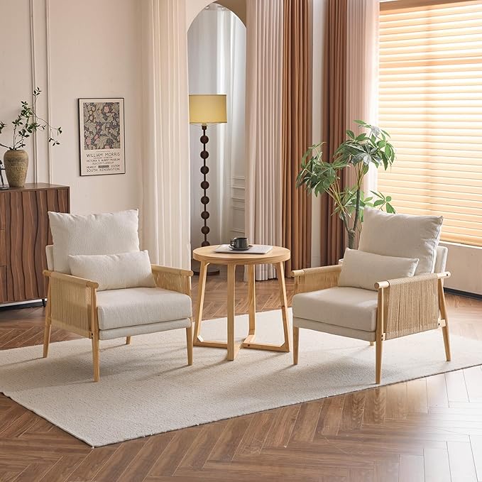Karl home Cozy Chenille Accent Chair with Lumbar Pillow &amp Rattan Arms Modern Lounge Chair for Living Room Bedroom Reading Nook Beige
