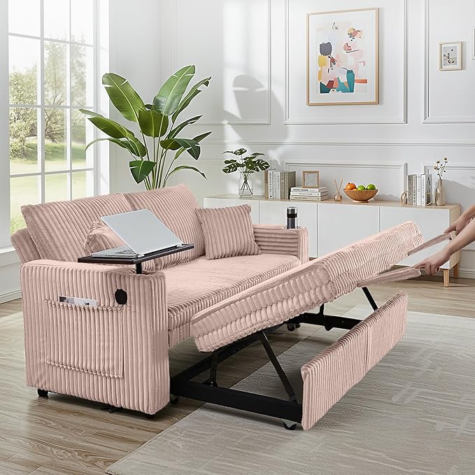 65in Sleeper Sofa Bed Convertible Pull Out Couch with Small Table| USB Port | Cup Holder | Corduroy Fabric | Adjustable Backrest for Apartment Office Bedroom Guest Room (Pink)
