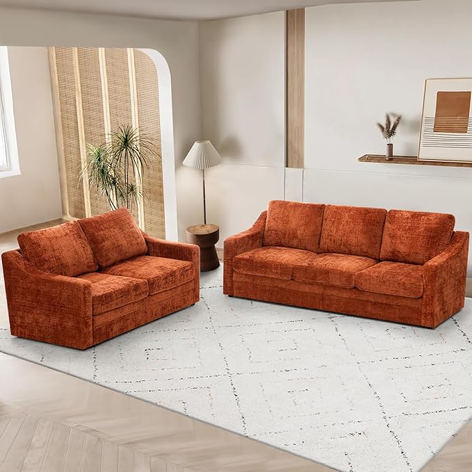 2 Pieces Chenille Sofa Sets w/Comfortable Back Cushions Modern Loveseat &amp Sofa w/Deep Seat Space Upholstered 2 Seat &amp 3 Seats Couch Sets w/High Resiliency Foam for Living Room Office Orange