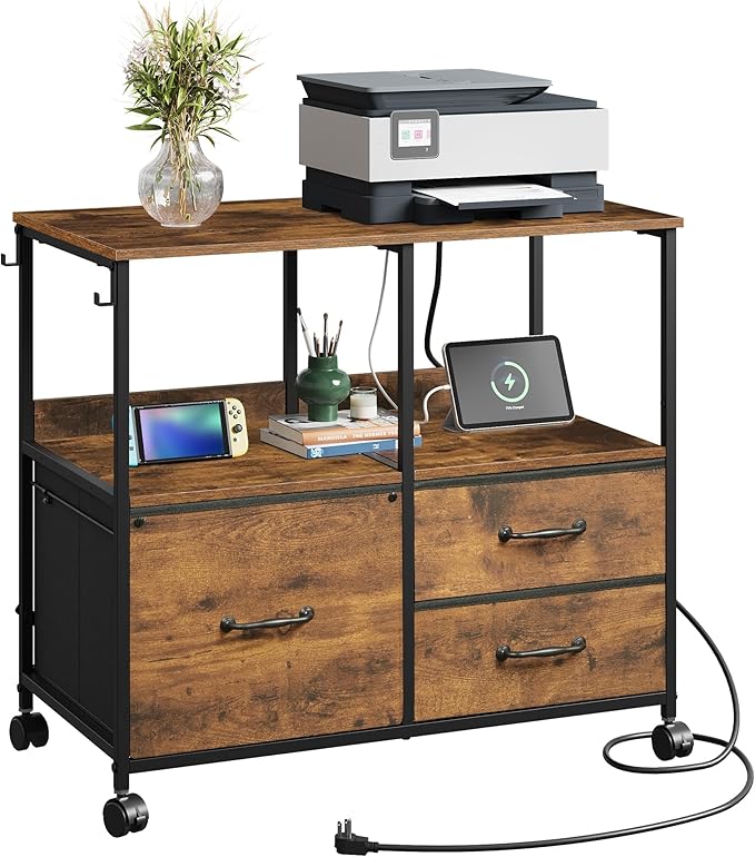 DEVAISE 3 Drawer Mobile File Cabinet Rolling Printer Stand with Storage Shelf Fabric Lateral Filing Cabinet fits A4 or Letter Size Adjustable Shelf for Home Office Rustic Brown