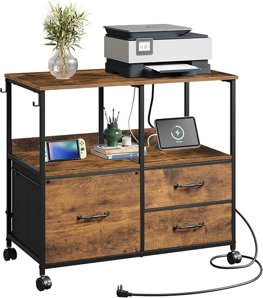 DEVAISE 3 Drawer Mobile File Cabinet Rolling Printer Stand with Storage Shelf Fabric Lateral Filing Cabinet fits A4 or Letter Size Adjustable Shelf for Home Office Rustic Brown