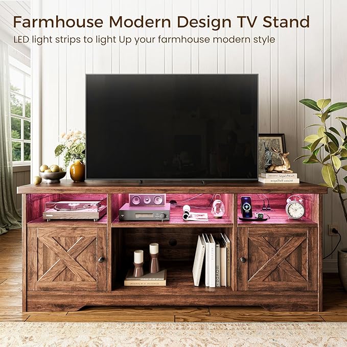 Casaottima TV Stand for 65 Inch TV Farmhouse Entertainment Center with Power Outlet &amp LED Light and Storage Cabinets Console Table and Media Furniture for Living Room Bedroom Walnut