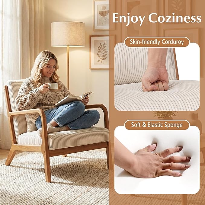 Giantex Modern Accent Chair Corduroy Upholstered Lounge Chair with Rubber Wood Armrests Lumbar Pillow Sponge Padded Seat Cushion Comfy Reading Chair for Living Room Bedroom (1Beige + Brown)