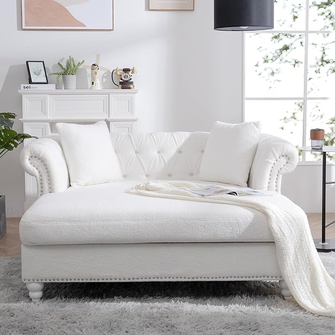 62.99 Chaise Lounge Indoor Comfy Reading Chair with 2 Pillows Loveseat Chesterfield Sofa with Tufted Back &amp Rolled Arm Oversized Chaise Lounge Couch Indoor for Living Room White Teddy