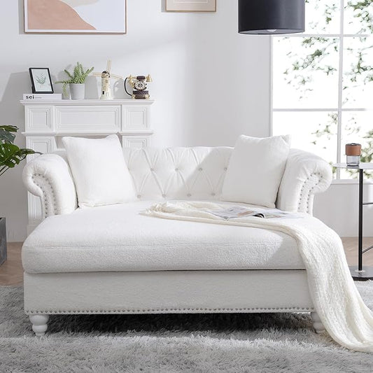 62.99 Chaise Lounge Indoor Comfy Reading Chair with 2 Pillows Loveseat Chesterfield Sofa with Tufted Back &amp Rolled Arm Oversized Chaise Lounge Couch Indoor for Living Room White Teddy
