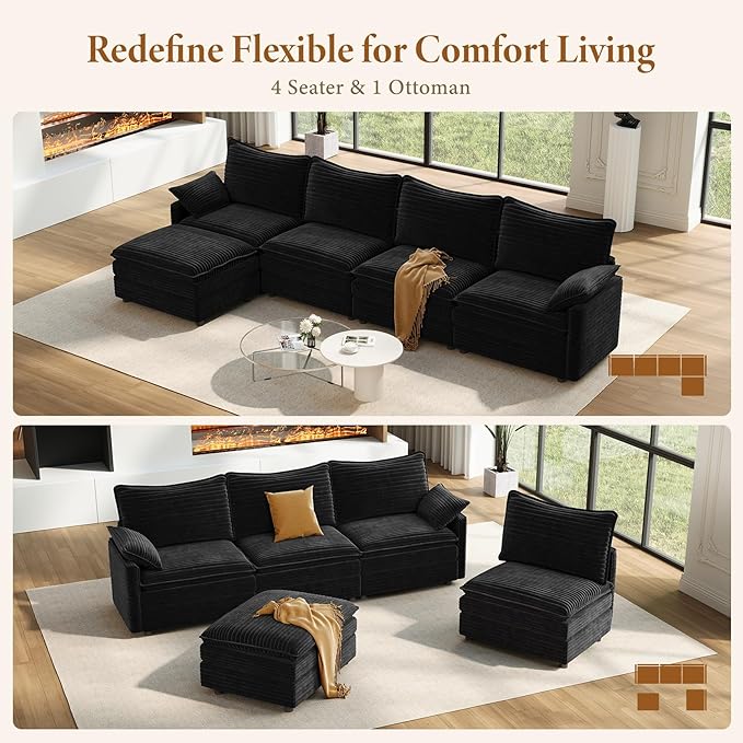 Vesgantti 142 Cloud Couch Sectional Modular Sofa Comfy Sectional Couch with Ottoman Deep Seat Corduroy L Shaped Sofa Modular Couches for Living Room Bedroom and Apartment Black