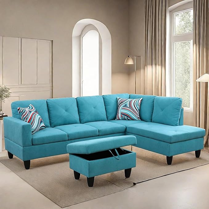 L Shaped Sectional Couches Modern Convertible Lounge Sofa with Ottoman Storage Comfy Modular Sectional Sofa for Living Room Furniture Sets Small Spaces Bedroom Blue