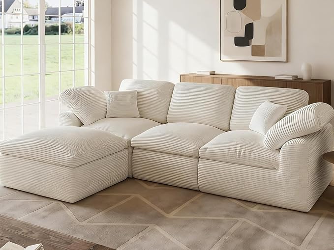Cloud Sectional Couches for Living Room 4 Seater Cloud Modular Couch Boneless Comfy Sofa for Apartment L Shaped Corduroy Sectional Sofas with Ottoman Cream