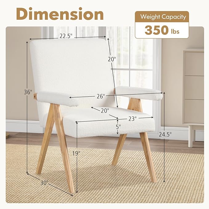 Giantex Mid-Century Modern Accent Chairs Set of 2 Sherpa Fabric Reading Chair with Padded Armrests Solid Rubber Wood Frame Upholstered Side Arm Chair for Living Room Bedroom Office Beige