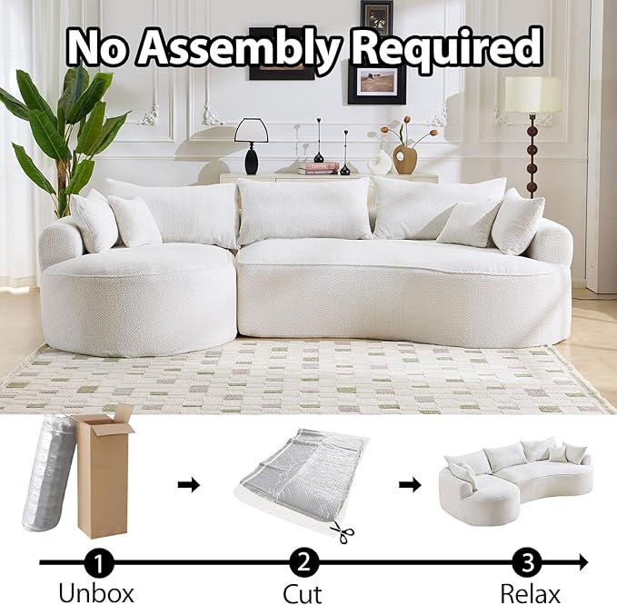 126.4 Oversized L-Shaped Boneless Sofa Deep Seat Sectional Couch with Curved Seat Design and 7 Pillows No-Assembly Chenille Sofa for Living Room Heavy-Duty Support（White）