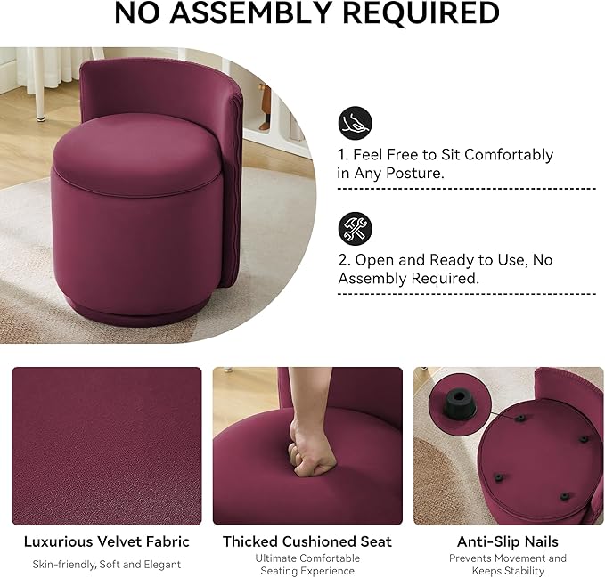 Velvet Vanity Chair with Storage 360° Swivel Makeup Chair with Wave Back No Assembly Small Accent Stool for Bedroom Dressing Living Room Burgundy