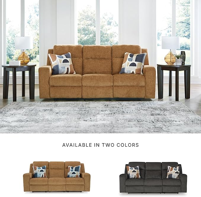 Signature Design by Ashley Kanlow Contemporary Manual Reclining Sofa with 2 Accent Pillows Light Brown
