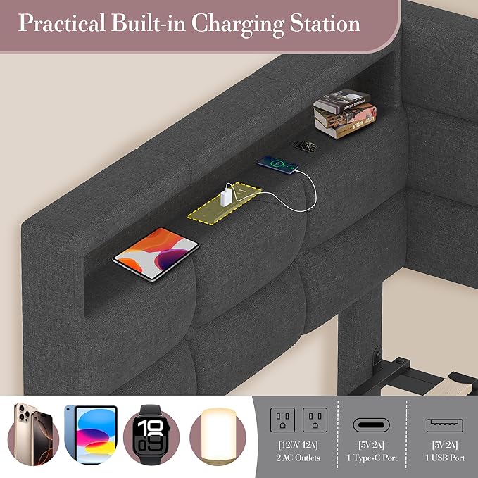 Twin Corner Bed Frame with Storage and Led Lights Upholstered Daybed Twin Size with Storage Drawers and Charging Station for Living RoomBedroom (Gray)