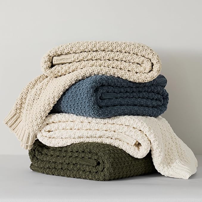 EVERGRACEHOME Chunky Chenille Knit Throw Blanket for Couch Soft Luxurious Moss Stitch Blankets for Bed Cozy Decorative Farmhouse Knitted Throws for Sofa Ivory White 60 x 80